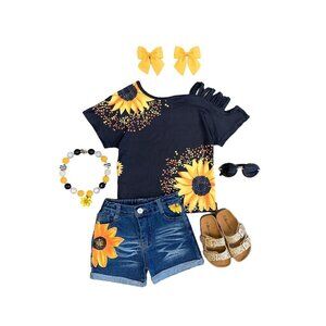 Sunflower Open Shoulder Denim Short Set, Small, 3T, Girls', blue, yellow